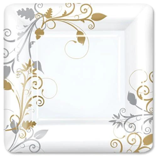 Bella Vite Shimmer Square Plates in 7-inch and 10-inch sizes, elegant disposable plates perfect for weddings, birthdays, and special occasions. Sturdy, stylish, and hassle-free cleanup.