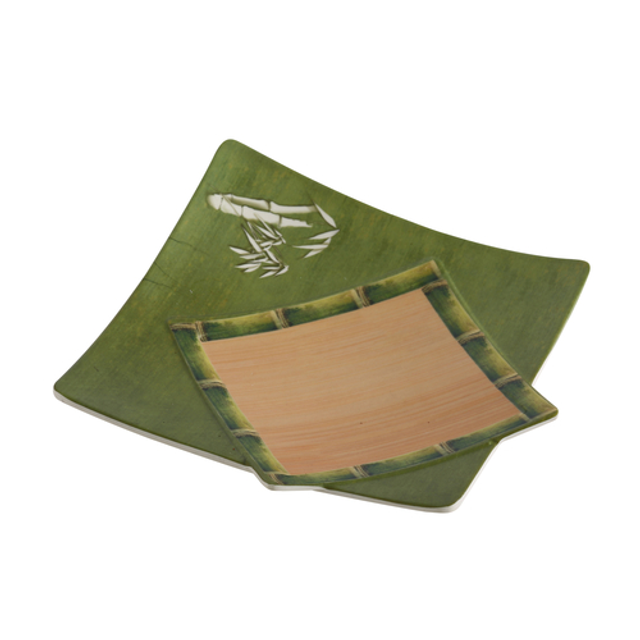 Yanco Square Plate BA-1111 It is made from durable and reliable melamine material, which makes the plate look like ceramics. You can use this stylish plate to serve any dish you want. For example, you can use it for presenting cakes, appetizers or serving hot meals. The Bamboo collection has an elegant and stylish design. Performed in classic green color and natural bamboo look design, it will perfectly fit any restaurant environment.