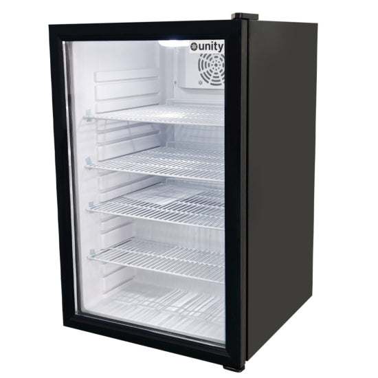 Unity U-CR4 21-inch black countertop refrigerated merchandiser with 4.6 cu ft capacity, double-pane swing glass door, LED interior lighting, adjustable heavy-duty shelves, and eco-friendly R600a refrigerant, ideal for cafes, delis, and retail displays