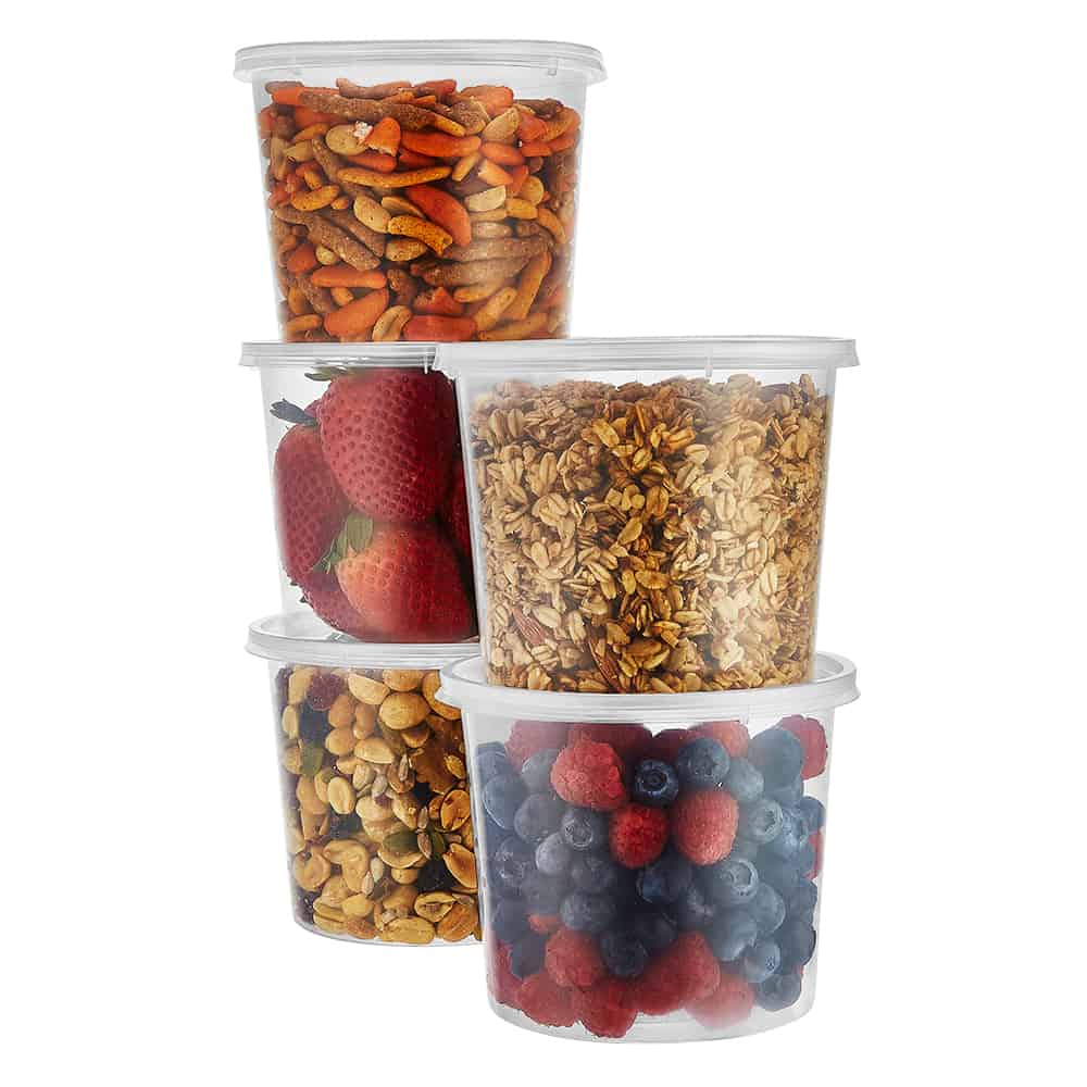25oz round food container with lid. Leak-resistant, durable, and microwave-safe. Ideal for meal prep, food storage, and takeout. Great for home, restaurants, and catering use.