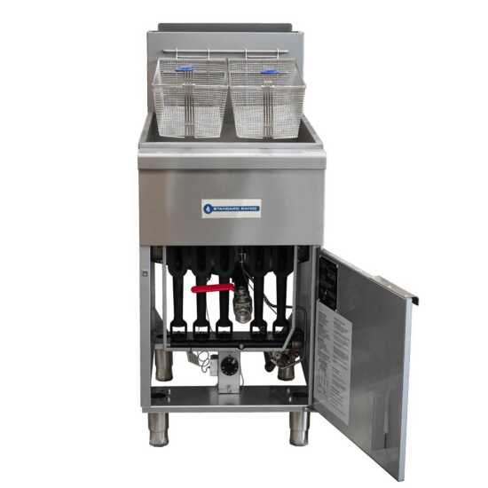 Standard Range SR-F5-NG 80 lb. Natural Gas Stainless Steel Floor Fryer - 150,000 BTU, designed for high-volume frying in commercial kitchens, perfect for efficiently cooking large quantities of fried foods.