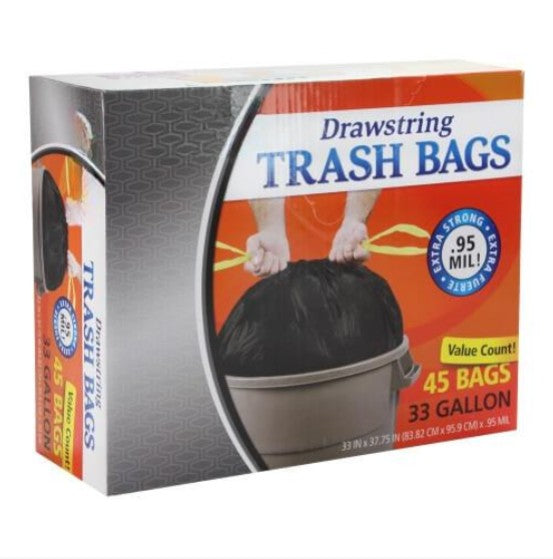 33-gallon drawstring trash bags for home, office, outdoor, and commercial use. Heavy-duty, tear-resistant, leak-proof, and odor-control. Strong, durable liners with a secure, easy-tie drawstring closure.