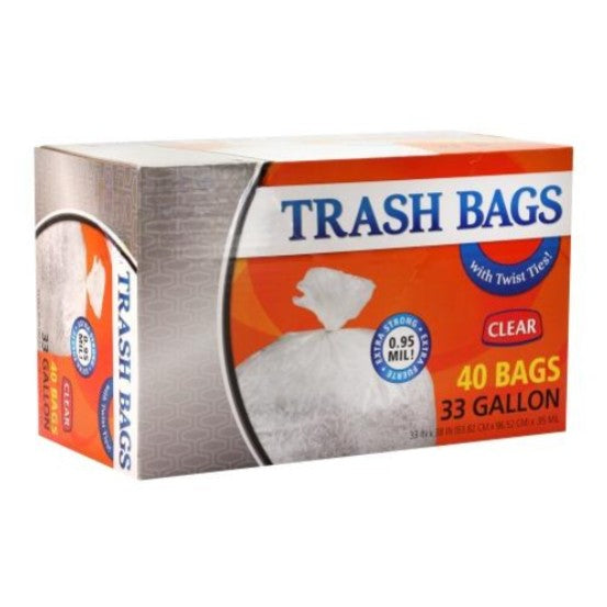 33-gallon trash bags with twist ties for home, office, and commercial use. Heavy-duty, tear-resistant, and leak-proof. Secure closure prevents spills and odors. Ideal for large waste disposal needs.
