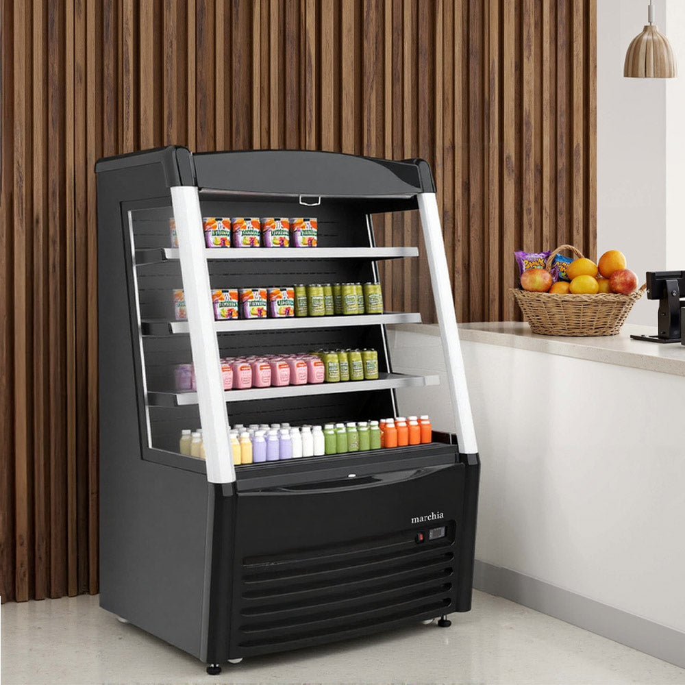 The Marchia MDS390 36" black open air cooler grab-and-go refrigerator features a sleek design, adjustable shelves, energy-efficient LED lighting, and convenient access for displaying chilled products.
