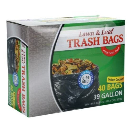 39-gallon lawn & leaf bags with twist ties for yard cleanup. Heavy-duty, tear-resistant, and leak-proof. Perfect for leaves, grass clippings, and outdoor debris with a secure closure for easy disposal.