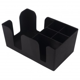 9" x 6" x 4" black plastic bar caddy stanton trading features six compartments, making it perfect for organizing straws, napkins, stirrers, and condiments. Its durable plastic construction ensures long-lasting use, ideal for bars, restaurants, and coffee shops. A must-have for efficient bartending and service.