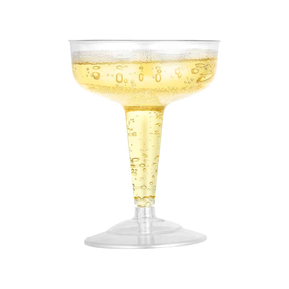Premium 4oz Disposable Champagne Coupe – elegant 2-piece stemware for weddings, cocktail parties, and special events. Perfect for serving champagne, prosecco, and signature cocktails.
