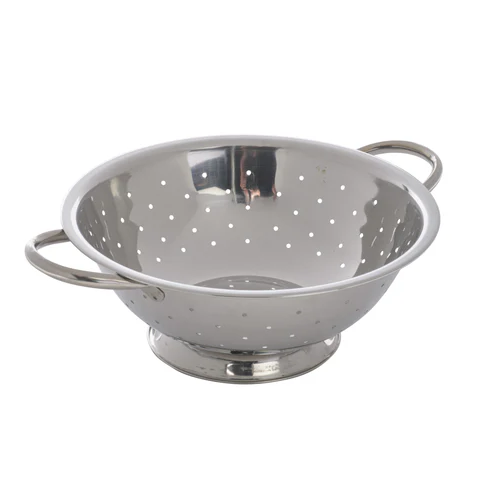 3-quart stainless steel colander stanton trading, 9-1/2 inch diameter, mirror polished finish with a footed bottom and two side handles for easy handling.