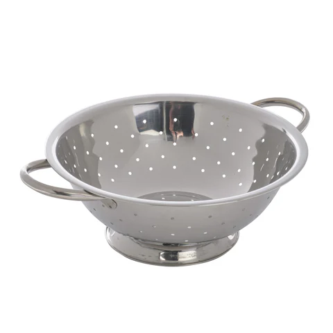 13-quart stainless steel colander stanton trading, 16-1/4 inch diameter, mirror polished finish with a footed bottom and two side handles for easy handling.