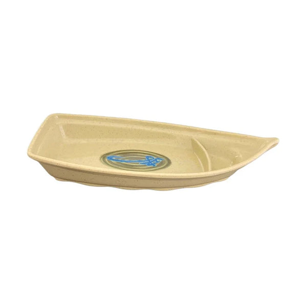 Thunder Group Sushi Boat 6/Pcs is perfect for serving different types of sushi with soy sauce and wasabi simultaneously. This ceramics-like small sushi boat with Asian accents will bring oriental flare to your food presentation. The WEI collection has a distinctive presentation. All Asian WEI tableware has a spotted marble-like beige color and a blue hieroglyphic pattern on a dark brown background.