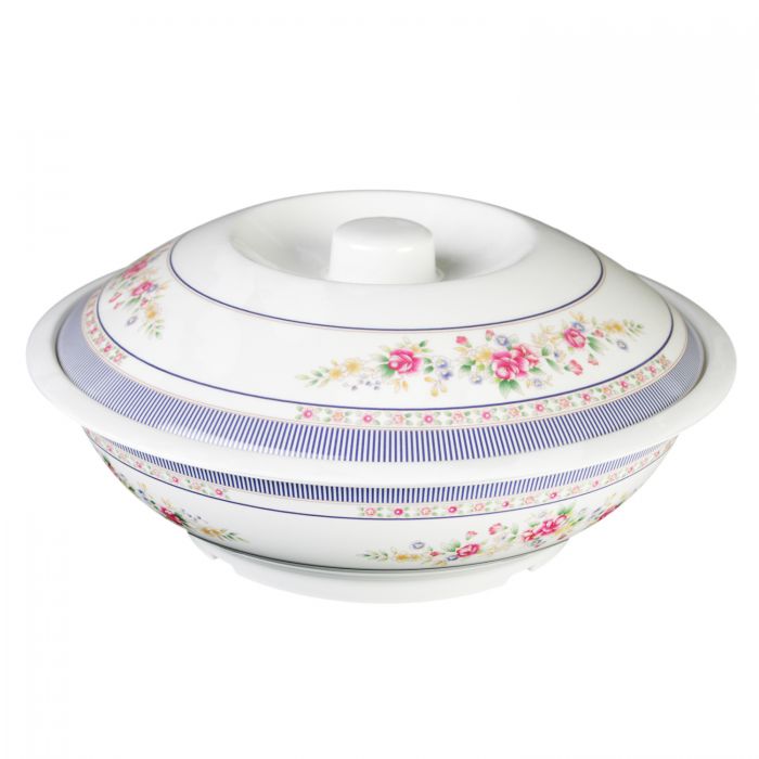 Thunder Group Serving Bowl With Lid is perfect for serving soups, salads, rice and other Asian dishes for a whole table to share. This big 75 Oz serving deep will bring oriental flare to your food presentation. Manufactured from a durable plastic material this special bowl is popular for its nearly unbreakable structure. However, with its heat resistance of up to 212°F melamine is not suitable for cooking in an oven or heating in a microwave.