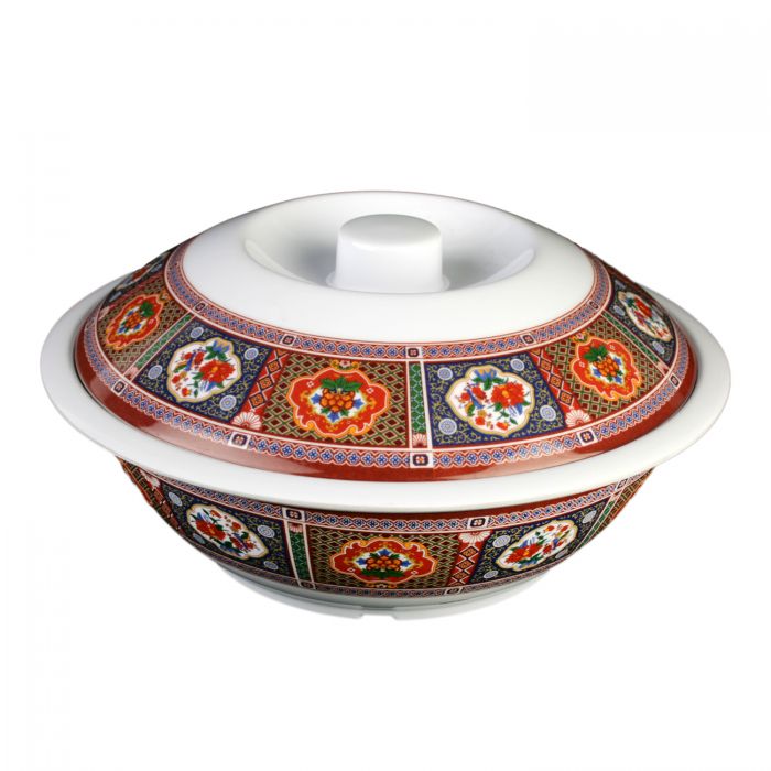Thunder Group Serving Bowl With Lid is perfect for serving soups, salads, rice and other Asian dishes for a whole table to share. This big 75 Oz serving deep will bring oriental flare to your food presentation. Manufactured from a durable plastic material this special bowl is popular for its nearly unbreakable structure. However, with its heat resistance of up to 212°F melamine is not suitable for cooking in an oven or heating in a microwave.