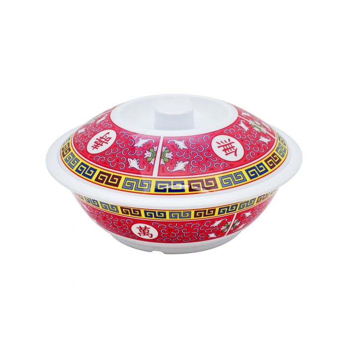 Thunder Group Serving Bowl With Lid is perfect for serving soups, salads, rice and other Asian dishes for a whole table to share. This big 75 Oz serving deep will bring oriental flare to your food presentation. Manufactured from a durable plastic material this special bowl is popular for its nearly unbreakable structure. However, with its heat resistance of up to 212°F melamine is not suitable for cooking in an oven or heating in a microwave.