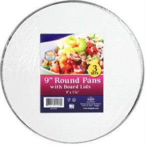 9-inch aluminum round pan with board lid, perfect for baking, cooking, and food storage. Durable, disposable, oven-safe, and recyclable. Great for home kitchens, catering, restaurants, and takeout meals.