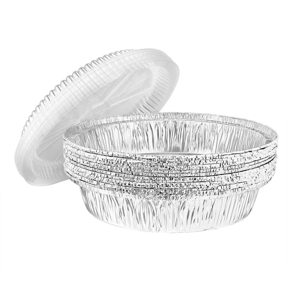 Durable aluminum round pans in 7-inch and 9-inch sizes for baking, roasting, and catering. Disposable, heavy-duty foil pans ideal for cakes, meal prep, food storage, and takeout.