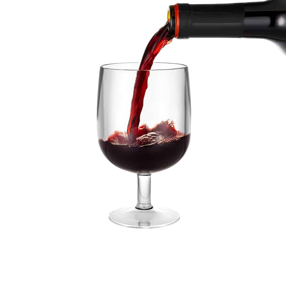 9oz acrylic short stem wine glass, shatter-resistant and reusable, perfect for serving red and white wine at weddings, parties, picnics, and events.