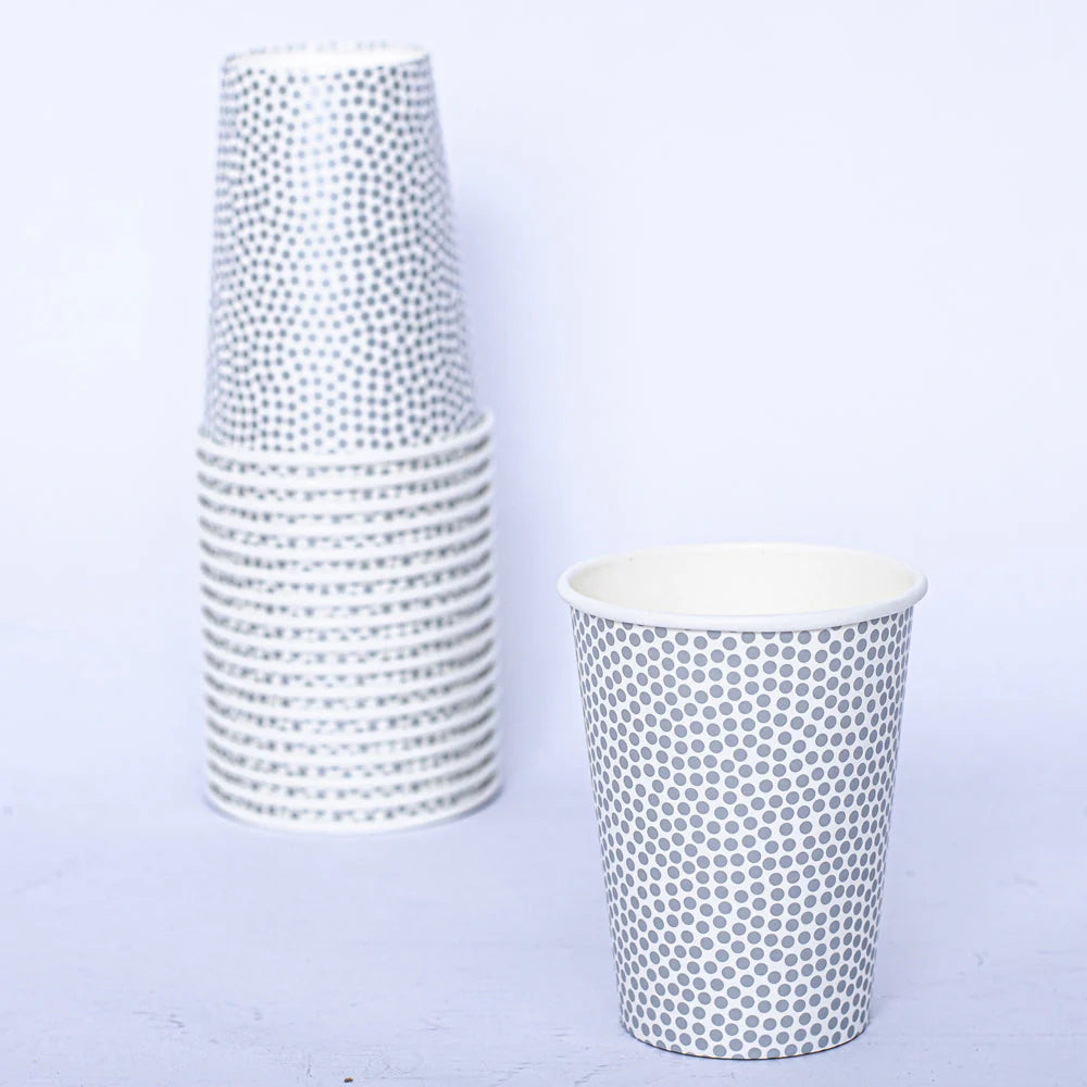 9oz Silver Dots Hot/Cold Paper Cup – Elegant disposable cup with a silver dot design, perfect for hot and cold beverages at weddings, parties, and events. Durable and stylish.