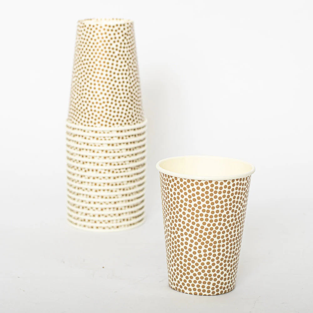 9oz Gold Dots Hot/Cold Paper Cup – Elegant disposable cups with gold polka dots, perfect for weddings, birthdays, baby showers, and stylish event beverage service.