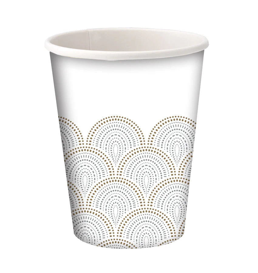 9oz Rays Hot/Cold Paper Cups with a stylish sunburst design, ideal for coffee, tea, soda, and cocktails. Eco-friendly, durable, and perfect for parties, weddings, and everyday use.
