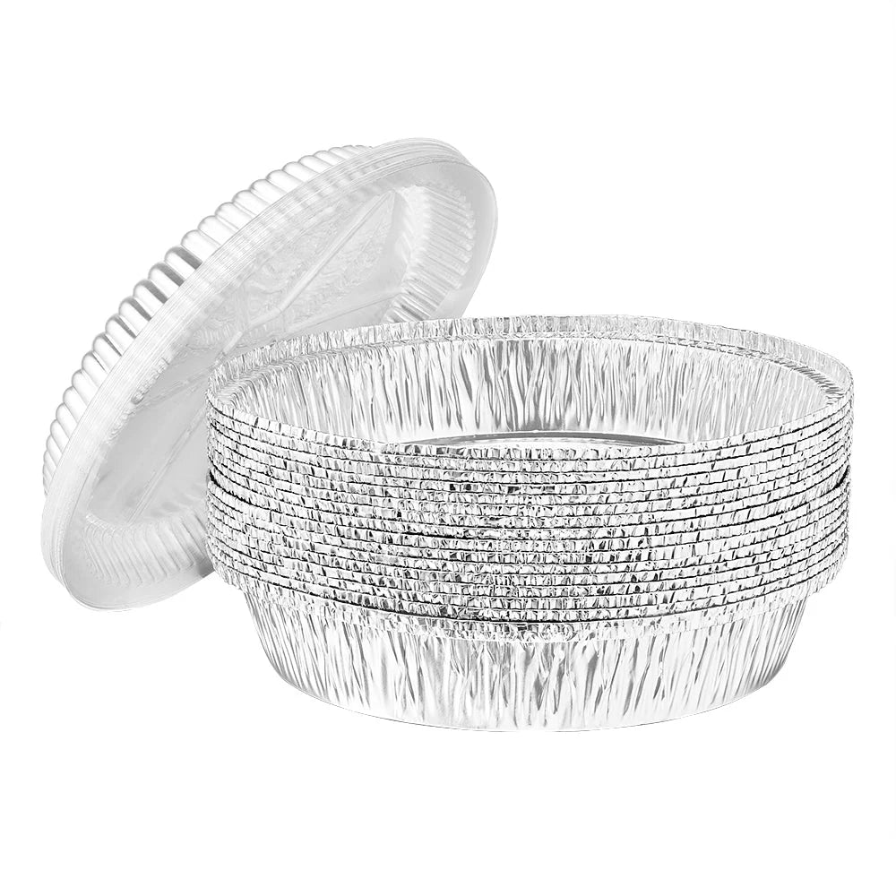 7-inch round aluminum pan with dome lid, perfect for baking cakes, pies, and meal storage. Durable, lightweight, disposable, and ideal for catering, takeout, and home kitchens.