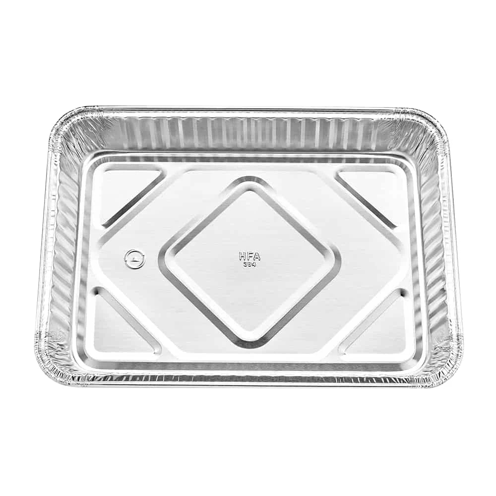 Aluminum oblong cake pan, disposable and durable. Ideal for baking cakes, brownies, and casseroles. Perfect for home baking, catering, and events. Ensures even heat distribution.