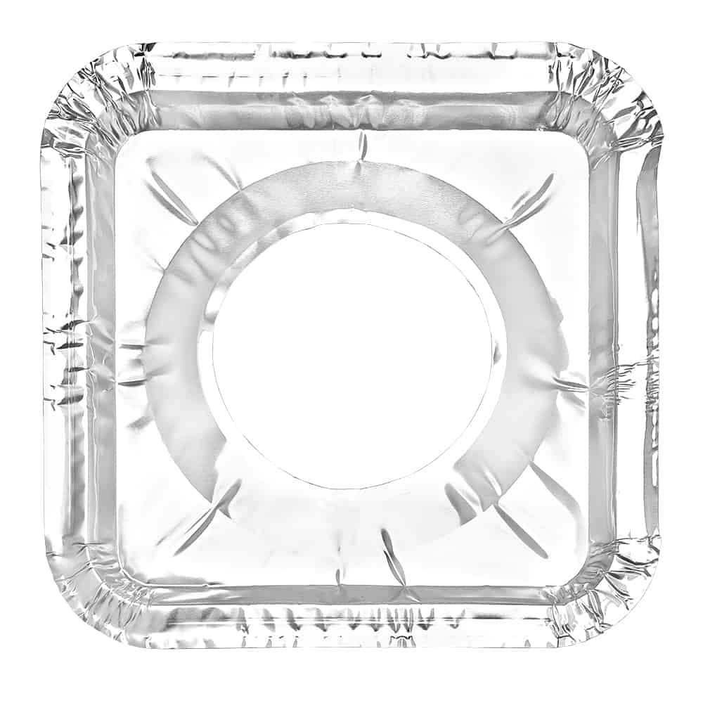 Aluminum square gas burner guard to protect stovetops from grease, spills, and food mess. Heat-resistant, disposable, and perfect for home and commercial kitchens.