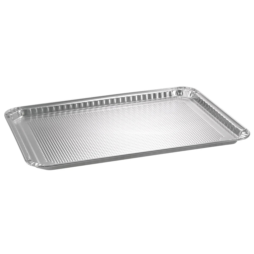 Textured aluminum cookie sheet for baking & roasting. Oven-safe, durable, disposable & recyclable. Ensures even heat distribution & prevents sticking. Ideal for home kitchens, catering & commercial use.