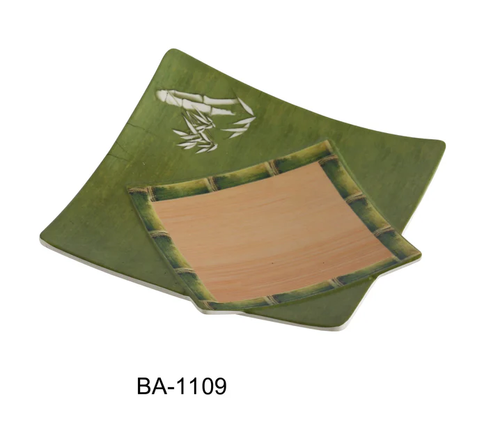 Yanco Square Plate BA-1109 It is made from durable and reliable melamine material, which makes the plate look like ceramics. You can use this stylish plate to serve any dish you want. For example, you can use it for presenting cakes, appetizers or serving hot meals. The Bamboo collection has an elegant and stylish design. Performed in classic green color and natural bamboo look design, it will perfectly fit any restaurant environment.