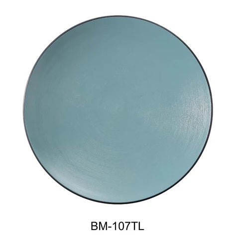Yanco Round Plate BM-107TL Made of durable melamine, it features a stylish gray base with vibrant teal accents, making it ideal for casual dining or serving. Its lightweight design ensures easy handling, while the melamine material offers resistance to chipping and breaking, enhancing its longevity. Perfect for both indoor and outdoor use, this plate combines functionality with a modern aesthetic.