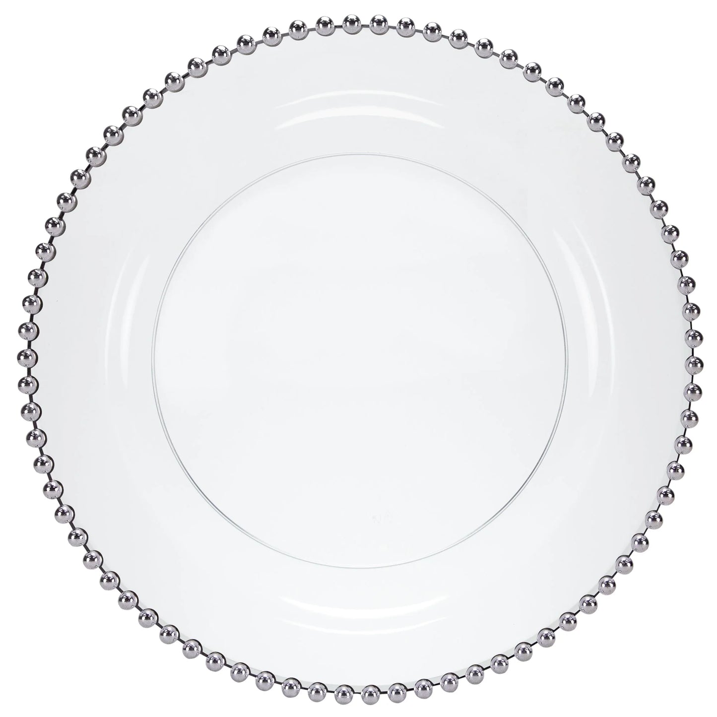 Beaded Silver/Clear Plate with a stylish silver beaded rim, available in 7.75-inch and 10.5-inch sizes, ideal for elegant dining at weddings, banquets, and parties.