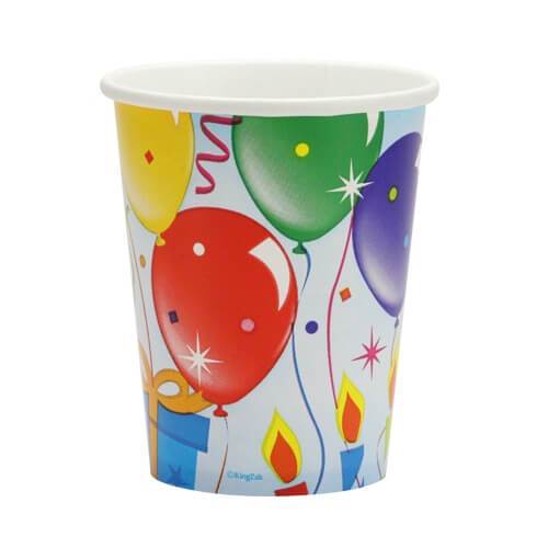 Birthday Balloons 9oz disposable party cups with colorful balloon design. Ideal for hot and cold drinks at birthdays, celebrations, and events. High-count pack for large gatherings. Sturdy and convenient.