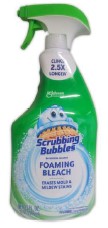 Scrubbing Bubbles Foaming Bleach Bathroom Cleaner Spray, 32 fl oz, removes soap scum, mildew, and tough stains from sinks, tubs, and tiles.