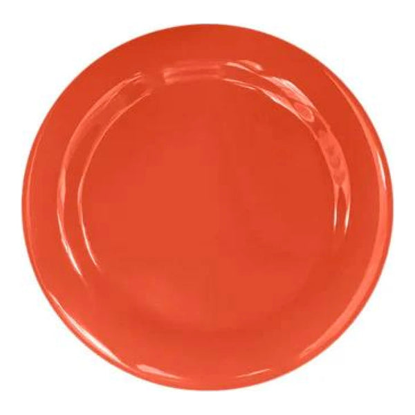Thunder Group Narrow Rim Plate 12/Pcs embodies the look of ceramic tableware but is much more durable and affordable. This narrow rim round plate is of shatter resistant quality. It is constructed out of a heavy-duty commercial weight melamine, surpassing the restaurant and health safety standards. The plain design with a narrow rim and saturated orange color make this melamine plate suitable for a variety of occasions and all kinds of establishments.