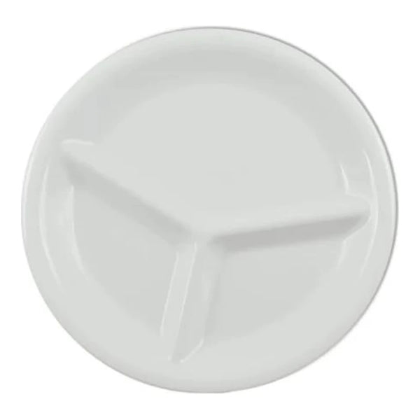 Thunder Group 3 Compartment Plate 12/Pcs is ideal for serving at a canteen, buffet, school, daycare center, long-term care facility, or catering events. Such plate design will help you to serve assorted snacks, complex portion-controlled meals, or for separating gravy/sauces. Melamine plate resists staining, scratching, breaking and chipping. This three-compartment plate is dishwasher safe and NSF listed.