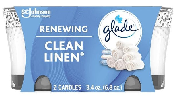 Two Glade Clean Linen scented candles in glass jars, 3.4 oz each, with a fresh, airy fragrance.