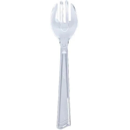 10" Salad Fork – Clear and gold plastic fork for weddings, catering, and parties. Elegant, durable, and disposable, perfect for serving salads, appetizers, and desserts at upscale events.