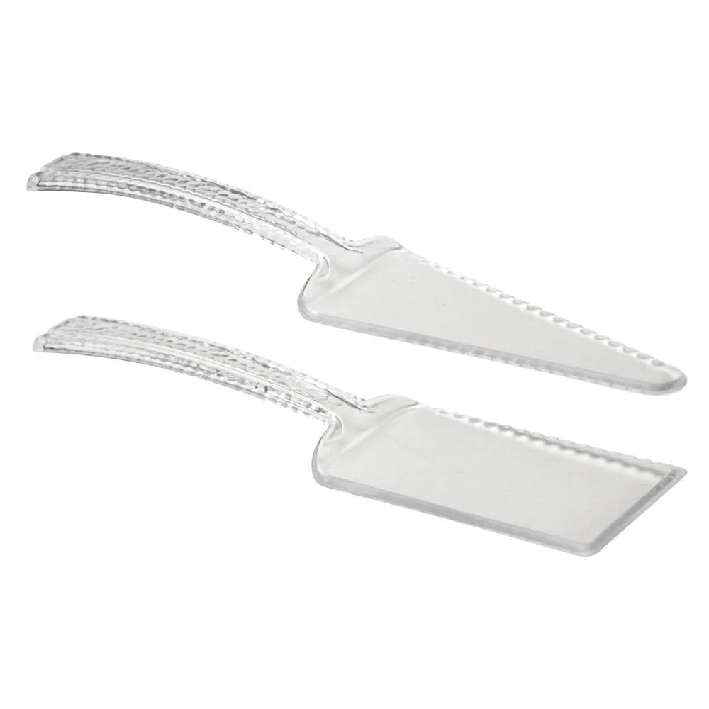 Clear 2-piece cake server set with serrated knife and matching server. Perfect for weddings, birthdays, and events. Durable, lightweight, and reusable for effortless slicing and serving.