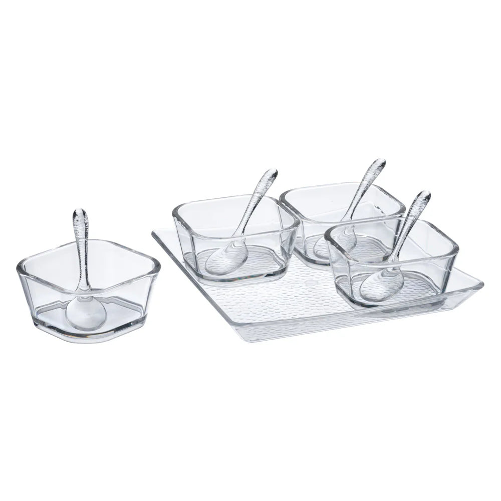 Clear serving set with a tray, bowls, and spoons, ideal for serving appetizers, dips, sauces, and desserts at catering events, parties, and upscale gatherings with an elegant presentation.