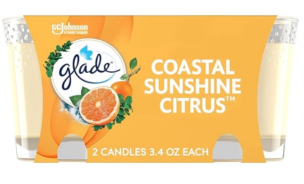 Two Glade Coastal Sunshine Citrus scented candles in glass jars, 3.4 oz each, with a bright, refreshing citrus fragrance.