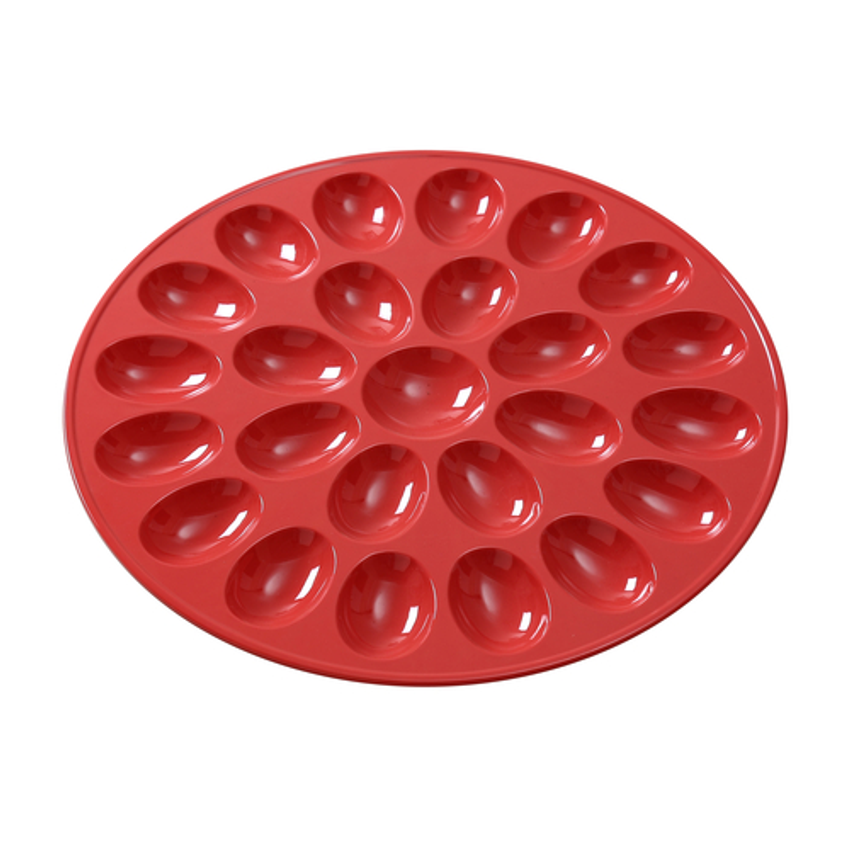 Yanco Egg Holder NC-1014RD is the perfect solution for storing and displaying your eggs in style! Measuring 12-1/2" in diameter and 3/5" in height, this egg holder can accommodate up to 25 eggs, making it ideal for large families or avid bakers. Crafted from high-quality melamine, the egg holder is not only durable and long-lasting but also dishwasher safe for easy cleaning. The vibrant red color adds a pop of color to your kitchen decor, while the classic design ensures it will never go out of style.