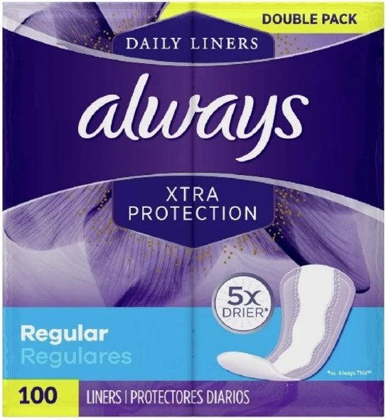 Always Extra Protection Daily Liners, Regular, 100-count pack.