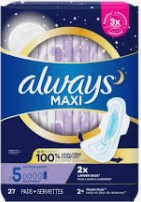 Always Maxi Overnight Pads with Wings, Size 5 Unscented, 27-count package
