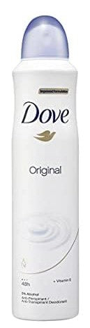 Dove Original antiperspirant deodorant spray, 250 ml, provides long-lasting sweat and odor protection with a classic fresh scent.