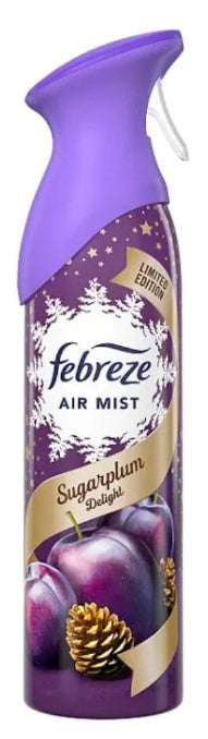 Febreze Air Freshener Spray in Sugar Plum Delight scent, 185 ml bottle for eliminating odors and freshening rooms.