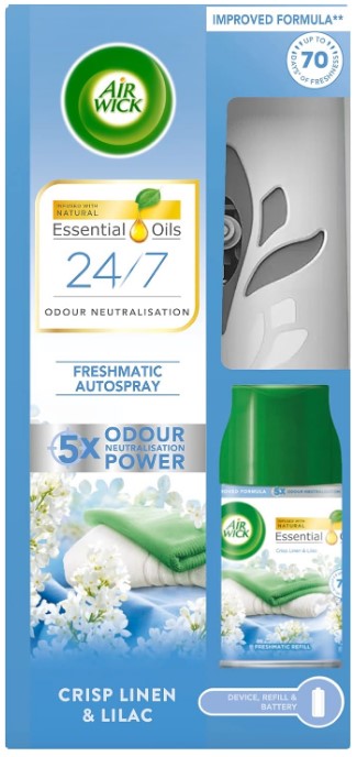 Air Wick automatic air freshener machine with 250ml Crisp Linen & Lilac refill.