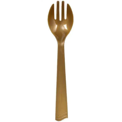 10" Salad Fork – Clear and gold plastic fork for weddings, catering, and parties. Elegant, durable, and disposable, perfect for serving salads, appetizers, and desserts at upscale events.