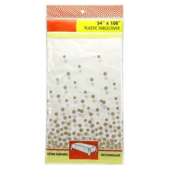 Confetti tablecover 54" x 108" in Silver, Gold, and Rose Gold. Durable, disposable, and festive design, perfect for weddings, parties, and special occasions. Adds sparkle and style to any celebration.