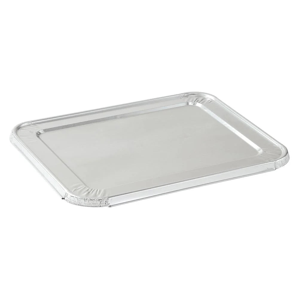 Half-size aluminum pan lid for secure food storage and transport. Heavy-duty, disposable, oven-safe, and leak-resistant. Ideal for catering, meal prep, and food service. Keeps food fresh and spill-free.