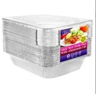 Half-size deep aluminum pan with lid for baking, roasting, and storage. Durable, disposable, oven-safe, and recyclable. Ideal for catering, takeout, buffets, large meals, and food transport.