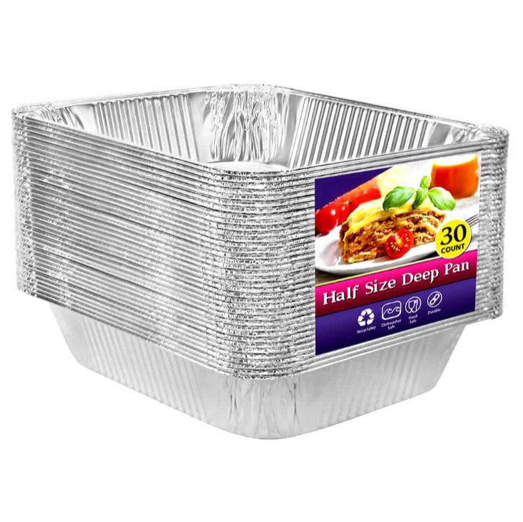 Half-size deep heavy-duty aluminum pan value pack. Durable, disposable, oven-safe & recyclable. Perfect for baking, roasting, catering, buffets, takeout & large meal prep. Ideal for home & food service.